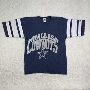 Vtg Dallas Cowboys Logo 7 Jersey Shirt Retro Small Spellout V-Neck Single Stitch
